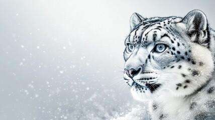 Snow leopard in snowy landscape gazing ahead