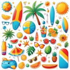 Fun and colorful summer collection, featuring icons and design elements, isolated on white.  