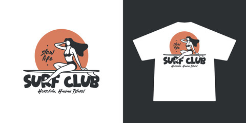 Vintage illustration of surf club. Can be used as Sticker, posters, prints. Retro cartoon style. Vector illustration