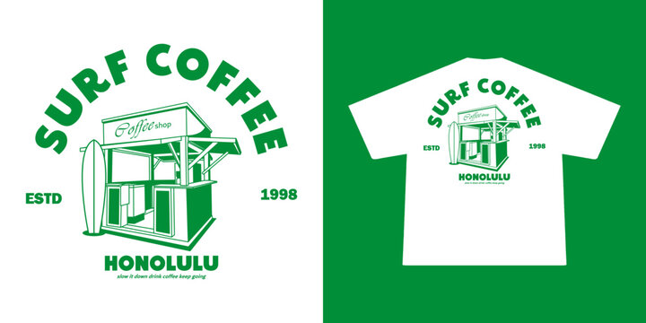 vintage illustration of surf and coffee. Can be used as Sticker, posters, prints. Retro cartoon style. Vector illustration