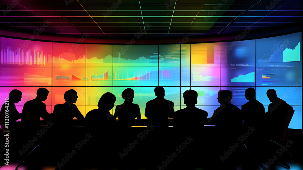 Poster silhouetted business team analyzes data on a vibrant, multi-screen display. the colorful charts and 
