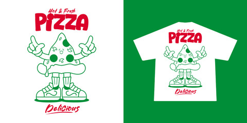 Funny cartoon character of pizza. Can be used as Sticker, posters, prints. Retro cartoon style. Vector illustration