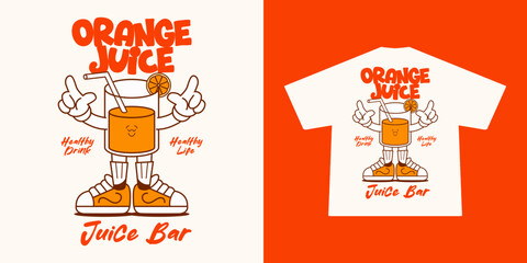 Funny cartoon character of orange fruit. Can be used as Sticker, posters, prints. Retro cartoon style. Vector illustration