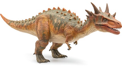 A detailed, three-dimensional rendering of a Ceratosaurus dinosaur, showcasing its unique features and textures against a stark white backdrop.