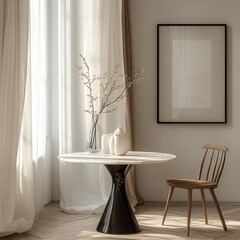 Minimalist Scandinavian Interior Scene with Round Marble Table and Wooden Chair Natural Light