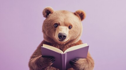 A bear reading a book against a purple background.