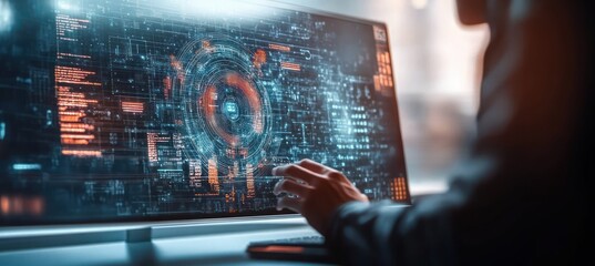 Futuristic Workspace with Holographic AI Interface Business Woman Utilizing Machine Learning Technology for Data Analysis and Coding