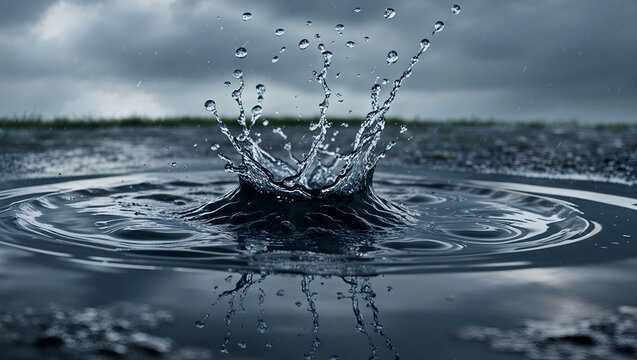 Rain creates ripples and splashes in puddles on a cloudy day in a serene outdoor setting