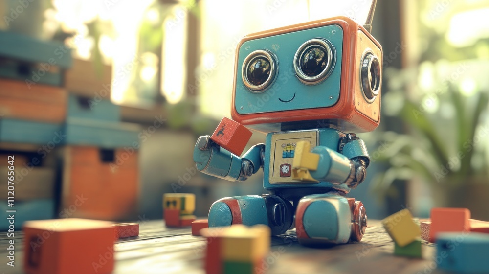 Poster Cute retro robot playing with colorful wooden blocks on a table.