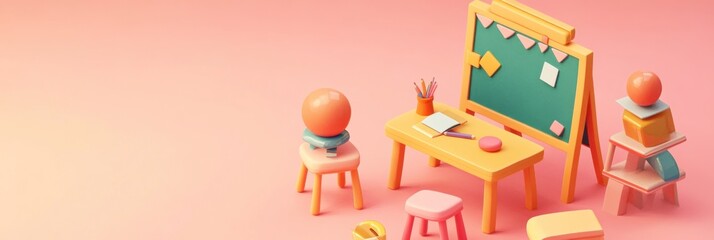 Fototapeta premium Colorful classroom setup with furniture and supplies.