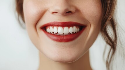 Obraz premium A close-up of a smiling woman showcasing bright teeth and red lipstick.