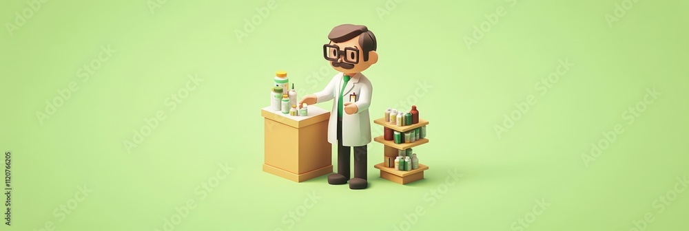 Poster scientist working at a lab table with equipment.