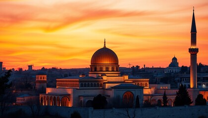 Golden dome mosque at sunset, cityscape backdrop.