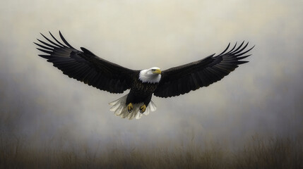 Obraz premium bald eagle soaring gracefully with its wings spread wide, showcasing its majestic feathers against soft, muted background. scene evokes sense of freedom and power