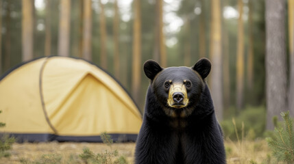 bear standing in front of yellow camping tent in dense forest, surrounded by tall trees. scene captures beauty of nature and wildlife