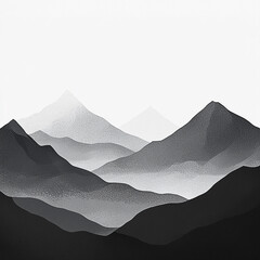 A grayscale image of layered mountains, fading from dark to light gray. Misty valleys separate them.