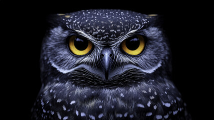 close up of night owl with striking yellow eyes and intricate feather patterns, perched in darkness, exuding sense of mystery and wisdom