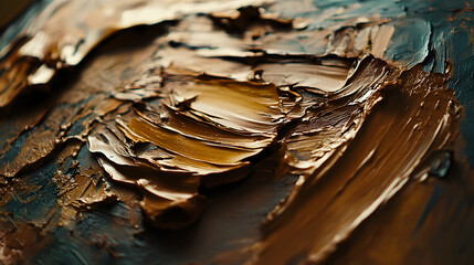 Close-up of thick, textured oil paint in rich browns and dark teal.  The impasto technique creates...