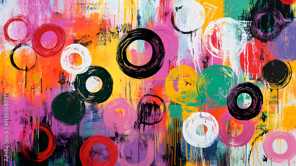 Poster Vibrant abstract painting with overlapping colorful circles on a textured background. Bold strokes and bright hues create a dynamic, energetic composition. Perfect for modern interiors.