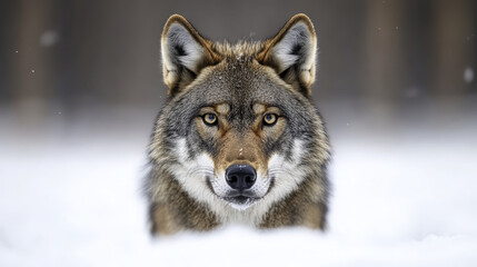 Obraz premium close up of wolf face in snow, showcasing its intense gaze and breath visible in cold air. scene captures beauty and majesty of this wild animal