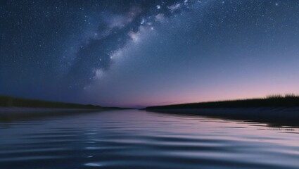 Fototapeta premium AI GENERATE, A reflective river under a starry night sky, the water mirroring the soft glow of the stars.