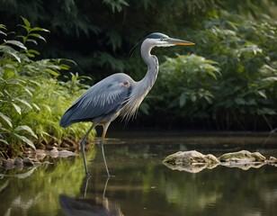Fototapeta premium Great blue heron wading in shallow water, reflected in calm water, surrounded by green vegetation.