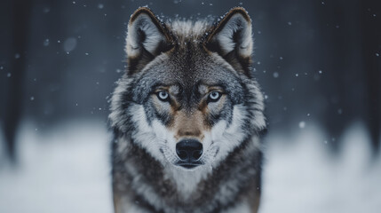 Obraz premium close up of wolf intense eyes, showcasing its fierce expression in snowy forest. wolf fur is detailed, and atmosphere is serene yet powerful