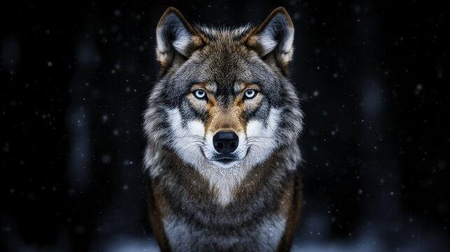 close up of wolf face in snow, showcasing its piercing blue eyes and majestic fur. serene yet powerful expression captures essence of this wild creature
