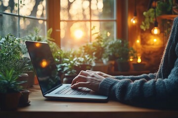 Close Up of Woman Hand Typing on Laptop Computer at Wooden Table in Coffee Shop Remote Working Freelance