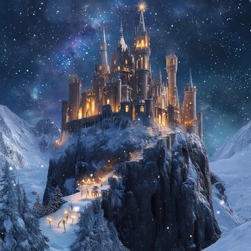 Animation of a magical castle located on top of a snowy mountain.