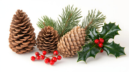 Close-up of pine cones, holly berries, and pine branches arranged on a white background.  Perfect for Christmas cards, winter themes, or holiday decorations.