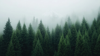 Misty Forest with Snow-Capped Mountain