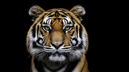 Fototapeta premium close up shot of tiger showcasing its striking features, including sharp whiskers and intense eyes, set against dark background. image captures majestic beauty of this wild animal