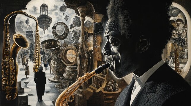 Surreal portrait of a saxophonist, playing amidst decaying classical architecture and floating objects.