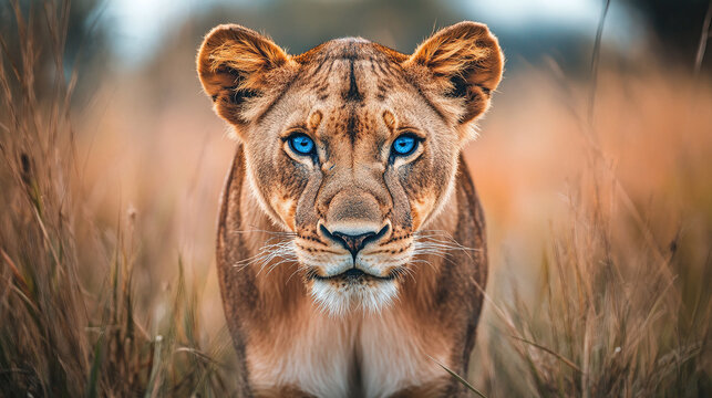 Fototapeta Closeup of a lioness face with blue eyes. african wildlife predator, dangerous safari hunter, looking staring at the camera.