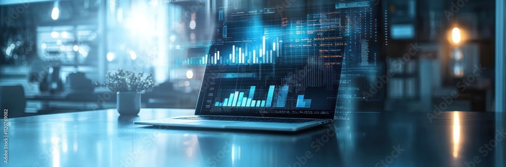 Poster financial data analysis and investment growth in modern digital workspace with financial graphs and 