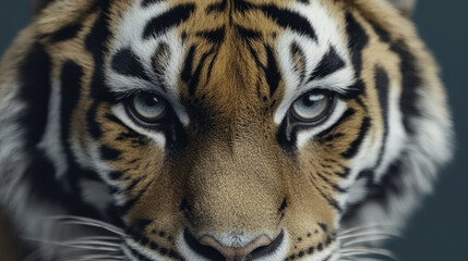 Fototapeta premium close up view of tiger face, showcasing its striking features and intense gaze. intricate patterns of its fur and piercing eyes evoke sense of majesty and power