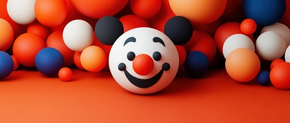 Cheerful clown face among colorful spheres.