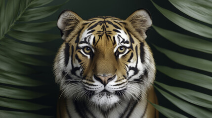 Fototapeta premium dramatic close up of tiger surrounded by lush green leaves, showcasing its striking features and intense gaze. image captures majestic beauty of this powerful animal