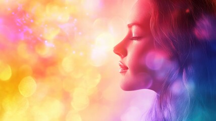 Ethereal woman in colorful, mystical light background