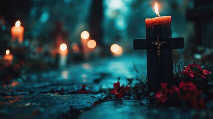 Candlelit cemetery at dusk with flowers and crosses, creating serene solemn atmosphere