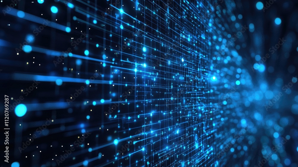 Poster abstract image with blue glowing lines and particles resembling digital network