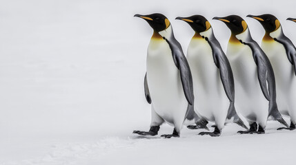 Obraz premium group of penguins walking in line across snow, showcasing their elegant posture and distinctive colors. scene captures beauty of nature and charm of these birds