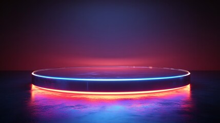 Circular glass podium with a glowing edge, set against a dark gradient background, creating a sleek effect.