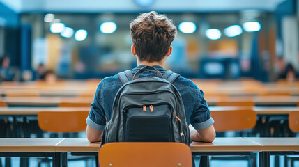 Rearview of one student with a backpack sitting alone in a classroom, at the table, working on the laptop notebook. computer technology education and studying, university college e-learning, teenager.