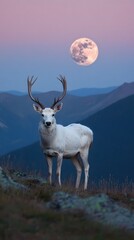 Obraz premium A majestic white deer with perfect antlers, on the mountain and the beautiful view of the full moon at night