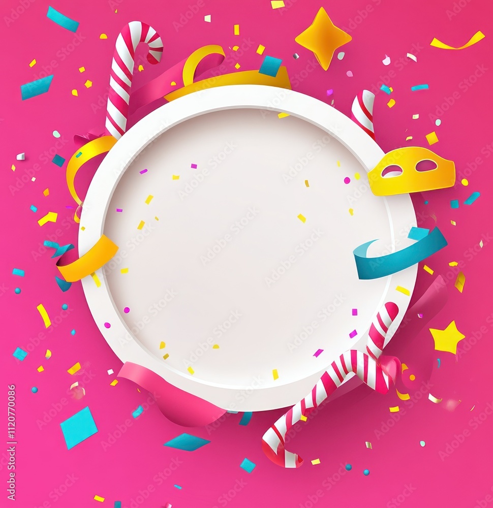 Poster festive background with confetti and empty plate.