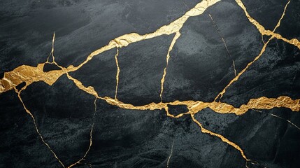 Elegant Black and Gold Marble Texture with Kintsugi Cracks on a Dark Gray Background, Close-Up View of Luxurious Abstract Design