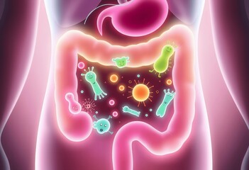 Human gut microbiome illustration showing diverse bacteria, stomach, and intestines.