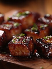 Close-up of Glazed Pork Belly Cubes Garnished with Chives on a Wooden Board.